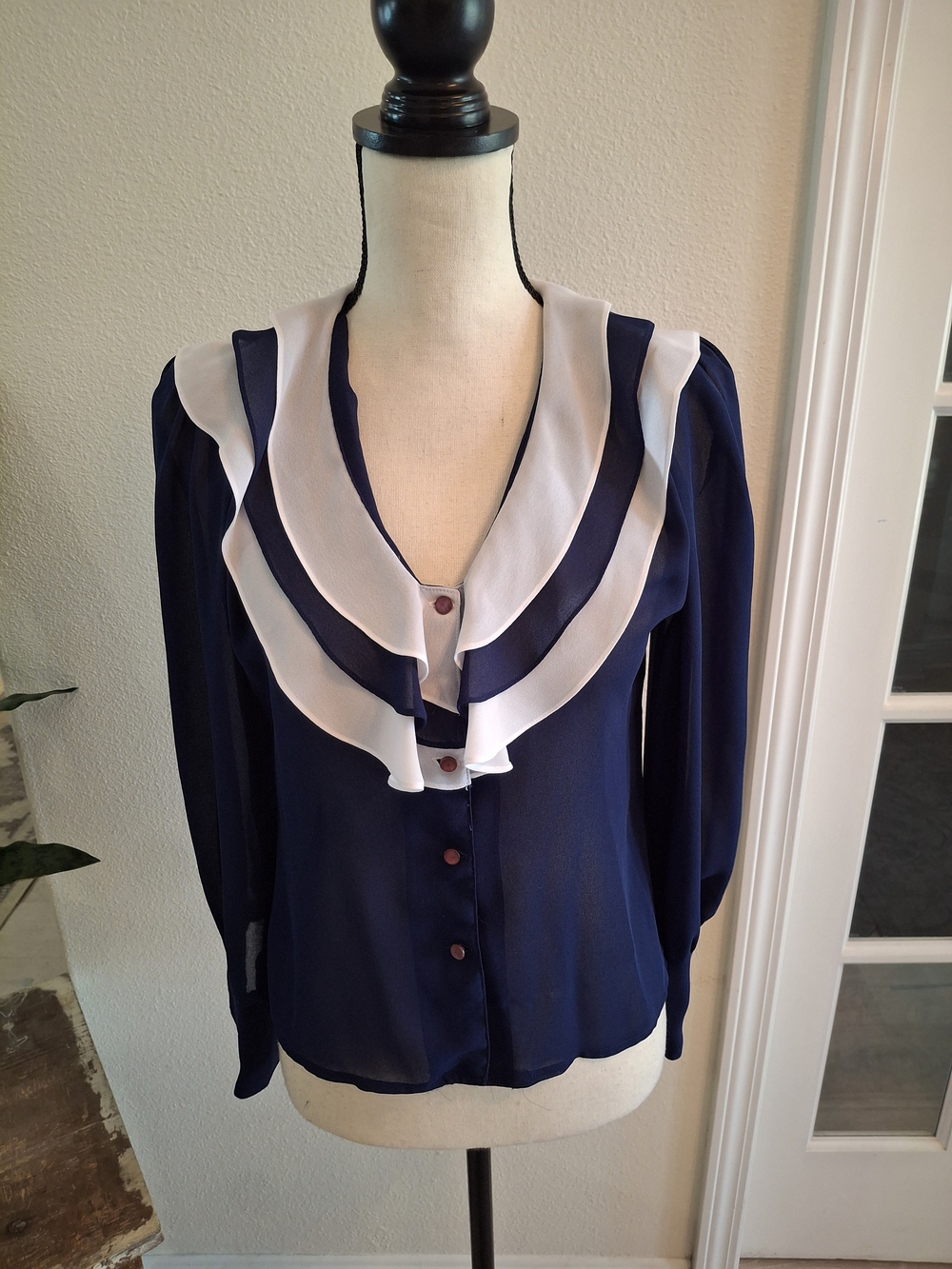 Vintage Navy and White Ruffle-Trim Blouse - Women's Dressy Top